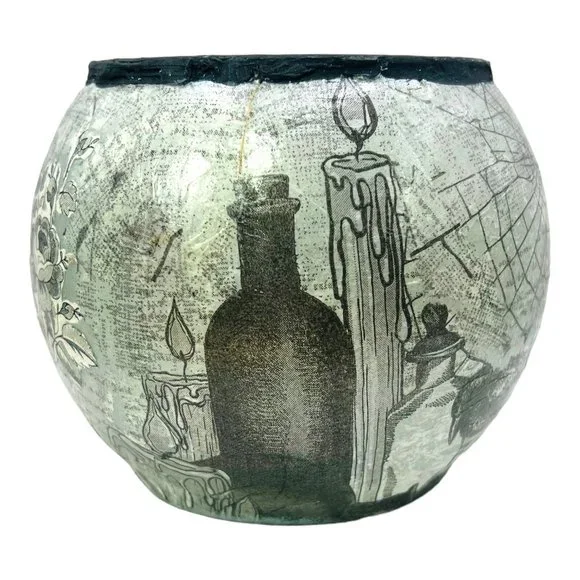 Handmade Halloween Design Glass Dome Candle Holder “Witches Cauldron” Decoupaged - Picture 4 of 13